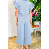 Beau Blue Textured Ruffled Sleeve Zipped Top and Wide Leg Pants Set - S thumbnail