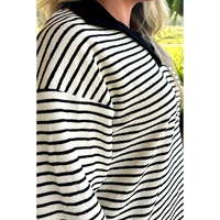 Black Stripe Collared Long Sleeve Top and Drawstring Shorts Set - XL thumbnail