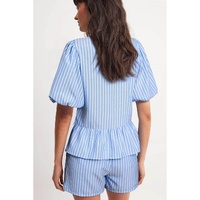 Sky Blue Striped Bowknot Detail Puffy Sleeve Top and Shorts 2Pcs Set - XL thumbnail