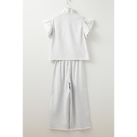 Gray Stripe Zipped up Collar Ruffled Sleeve Tee and Wide Leg Pants 2pcs Outfit - M thumbnail