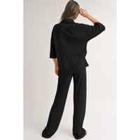 Black Solid Color Textured Buttoned Shirt and Casual Pants Set - S thumbnail