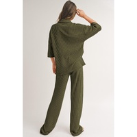 Four Leaf Clover Solid Color Textured Buttoned Shirt and Casual Pants Set - S thumbnail