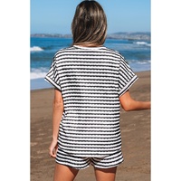 Black Stripe Knitted Short Sleeve Top and Drawstring Shorts Set - M thumbnail