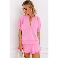 Pink Half Zip Puff Sleeve Top and Ruffled Shorts Set - S thumbnail