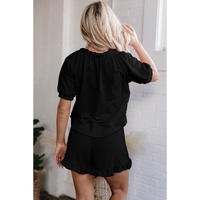 Black Half Zip Puff Sleeve Top and Ruffled Shorts Set - 2XL thumbnail