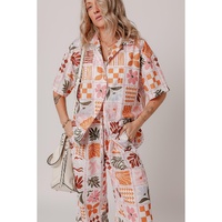 Orange Plant Checkered Print Collared Shirt and Wide Leg Pants Set - M thumbnail