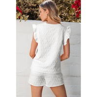 White Bow Jacquard Ruffle Sleeve Short 2pcs Outfit - XL thumbnail