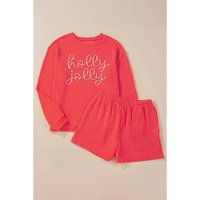 Gold Flame Rhinestone holly jolly Pattern Corded Long Sleeve Top and Shorts Set - M thumbnail