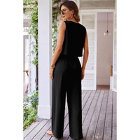Black Buttoned Vest Drawstring Wide Leg Pants 2pcs Set - S thumbnail