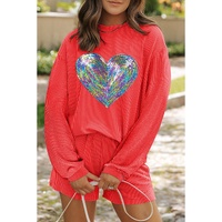 Gold Flame Glittering Heart Graphic Corded Long Sleeve Top 2 Piece Shorts Set - S thumbnail