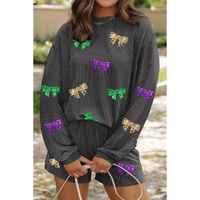 Carbon Grey Bowknot Patched Pattern Corded Long Sleeve Top and Shorts Outfit - L thumbnail
