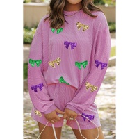 Phalaenopsis Bowknot Patched Pattern Corded Long Sleeve Top and Shorts Outfit - XL thumbnail
