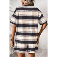 Black Stripe Short Sleeve T Shirt and High Waist Pocketed Shorts Set - M thumbnail