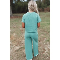 Mint Green Raglan Short Sleeve Tee and Wide Leg Pants Set - M thumbnail