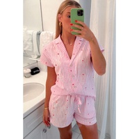 Pink Striped Tiny Hearts Printed Lapel Collar Shirt Style Short 2pcs Pajama Set - L thumbnail