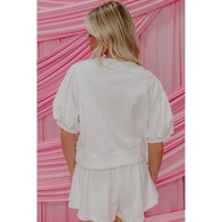 White Contrast Bow Trim Pearl Puff Sleeve Blouse and Skort 2pcs Set - M thumbnail