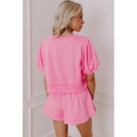 Pink Contrast Bow Trim Pearl Puff Sleeve Blouse and Skort 2pcs Set - M thumbnail