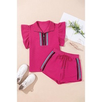 Strawberry Pink Striped Detail Flutter Sleeve Zipped Collar Short Set - S thumbnail
