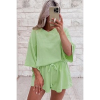 Meadow Mist Green Solid Loose V Neck Half Sleeve Tee and Shorts - L thumbnail