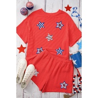 Orange Sequin USA Flag Star Graphic Corded T Shirt and Shorts Set - M thumbnail