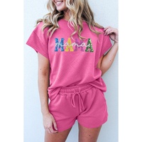 Strawberry Pink Sequined MAMA Letter Graphic Textured Short 2pcs Set - XL thumbnail