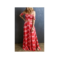 Red Floral Shirred Off Shoulder Crop Top and Slit Maxi Skirt Set - L thumbnail