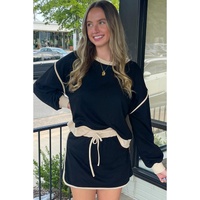 Black Color Contrast Loose Pullover and Lace-up Waist Skort Set - L thumbnail