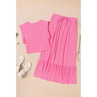 Bonbon Textured Ruffle Trim Crop Vest Lace-up Long Skirt Set - M thumbnail