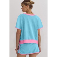 Turquoise Colorblock Edge Drop Shoulder T Shirt and Skirt 2Pcs Set - L thumbnail