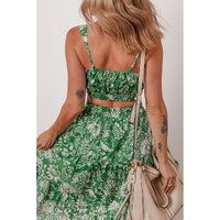 Green Floral Print Shirred Crop Top and High Waist Midi Skirt Set - L thumbnail