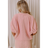 Light Pink Striped Collared Zip up Textured Skirt Set - M thumbnail