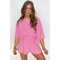 Sachet Pink Loose Fit Half Sleeve T Shirt and High Waist Skirt Set - XL thumbnail