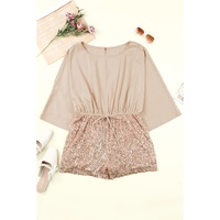 Azura Exchange Khaki Sequin Patchwork Drawstring High Waist Romper - L thumbnail