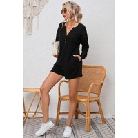 Black Brushed Ribbed Button Split V Neck Long Sleeve Romper - M thumbnail