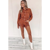 Gold Flame Long Sleeve Snap Buttons Distressed Denim Romper - L thumbnail