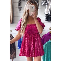 Rose Red Short Puff Sleeve Sequin Babydoll Romper - XL thumbnail