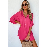 Bright Pink Half Button Collared Loose Romper - L thumbnail