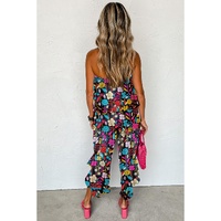 Red Mix Tropical Print Strapless Ruffled Jumpsuit - S thumbnail