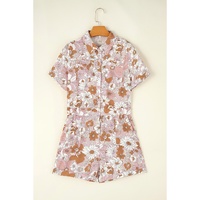 Pink Floral Short Sleeve Collared Button Front Romper - XL thumbnail