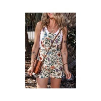 Beige Floral Print Bib Open Back Romper - XL thumbnail