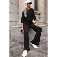 Black Solid Ribbed Knit Keyhole Back High Waist Jumpsuit - M thumbnail