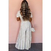 White Boho Floral Smocked Wide Leg Short Puff Sleeve Jumpsuit - L thumbnail