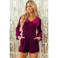 Red Dahlia Velvet Surplice Neck Ruffled Sleeve High Waist Romper - S thumbnail