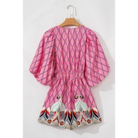Pink Paisley Geometric Print V Neck High Waist Romper - L thumbnail