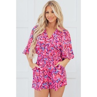 Pink Abstract Print Puff Sleeve V Neck High Waist Romper - L thumbnail