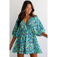 Green Abstract Print Puff Sleeve V Neck High Waist Romper - L thumbnail