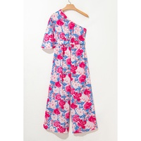 Pink Floral Print Asymmetrical Neckline Single Shoulder Drape Sleeve Belted Jumpsuit - L thumbnail