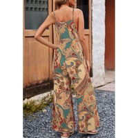 Red Paisley Printed Spaghetti Straps Elegant Wide Leg Jumpsuit - L thumbnail