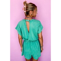Sea Green Mineral Wash Drawstring Waist Hollow Out Back Short Sleeve Romper - M thumbnail