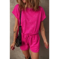 Rose Red Mineral Wash Drawstring Waist Hollow Out Back Short Sleeve Romper - L thumbnail